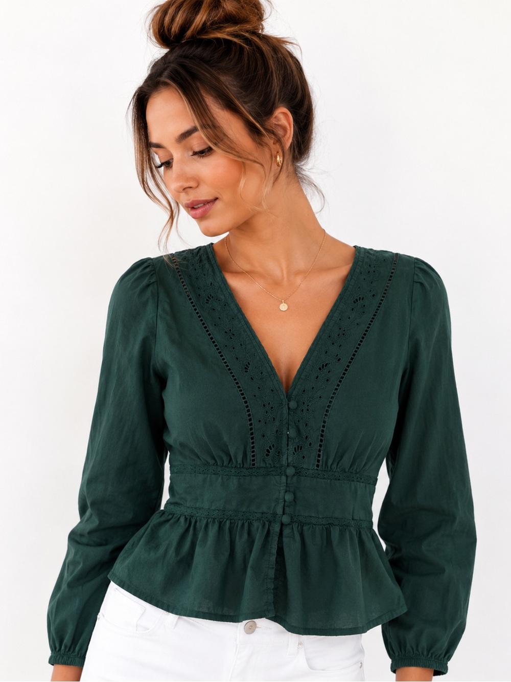 American Eagle XS Dark Green Eyelet Lace Peplum Blouse Cotton